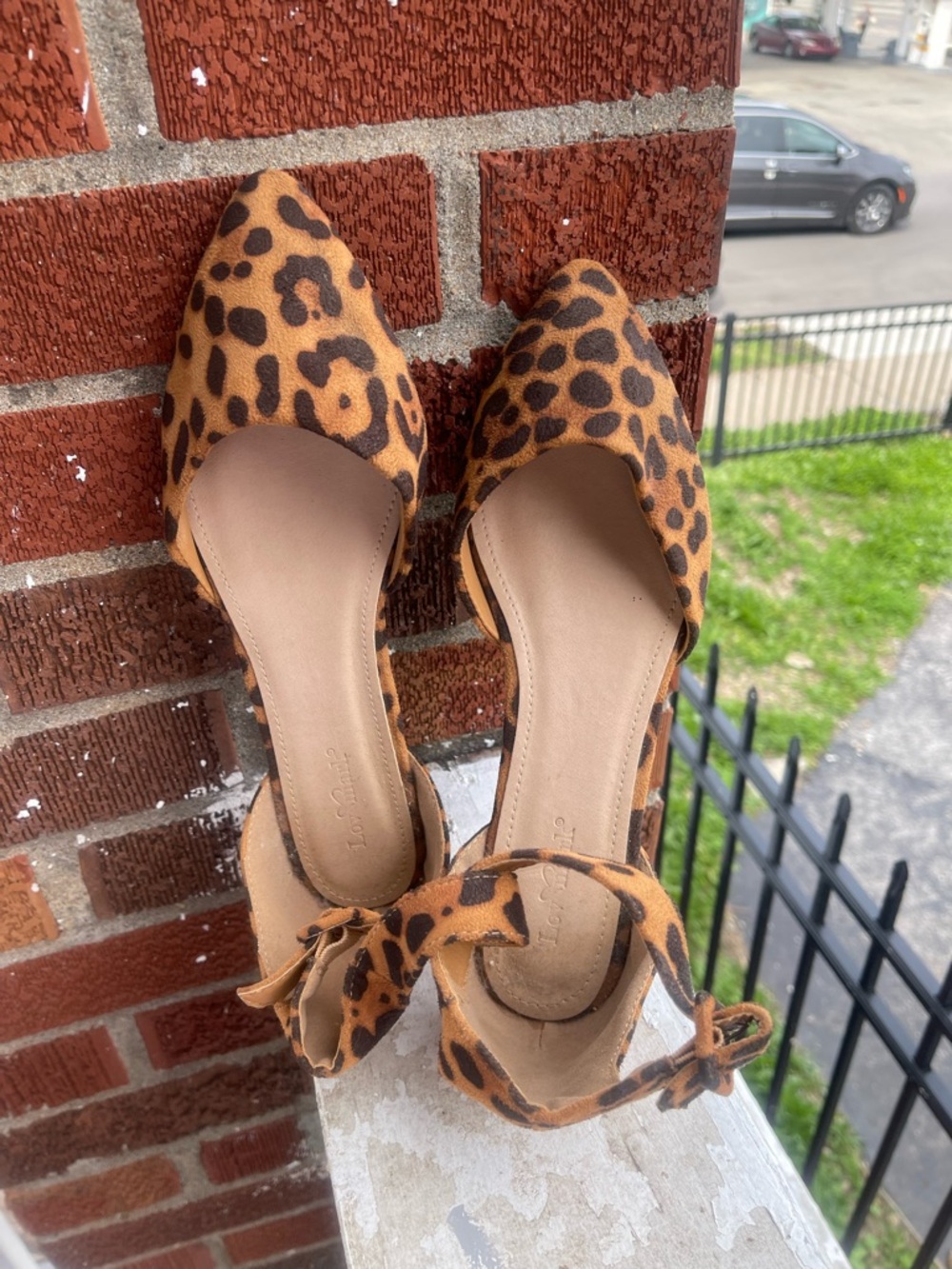 Leopard Print Pointed D'Orsay Flats with Ankle Tie - Brown